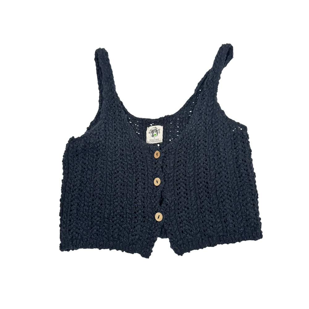 Free People We The Free Black Crochet Knit Crop Button Tank Top Small